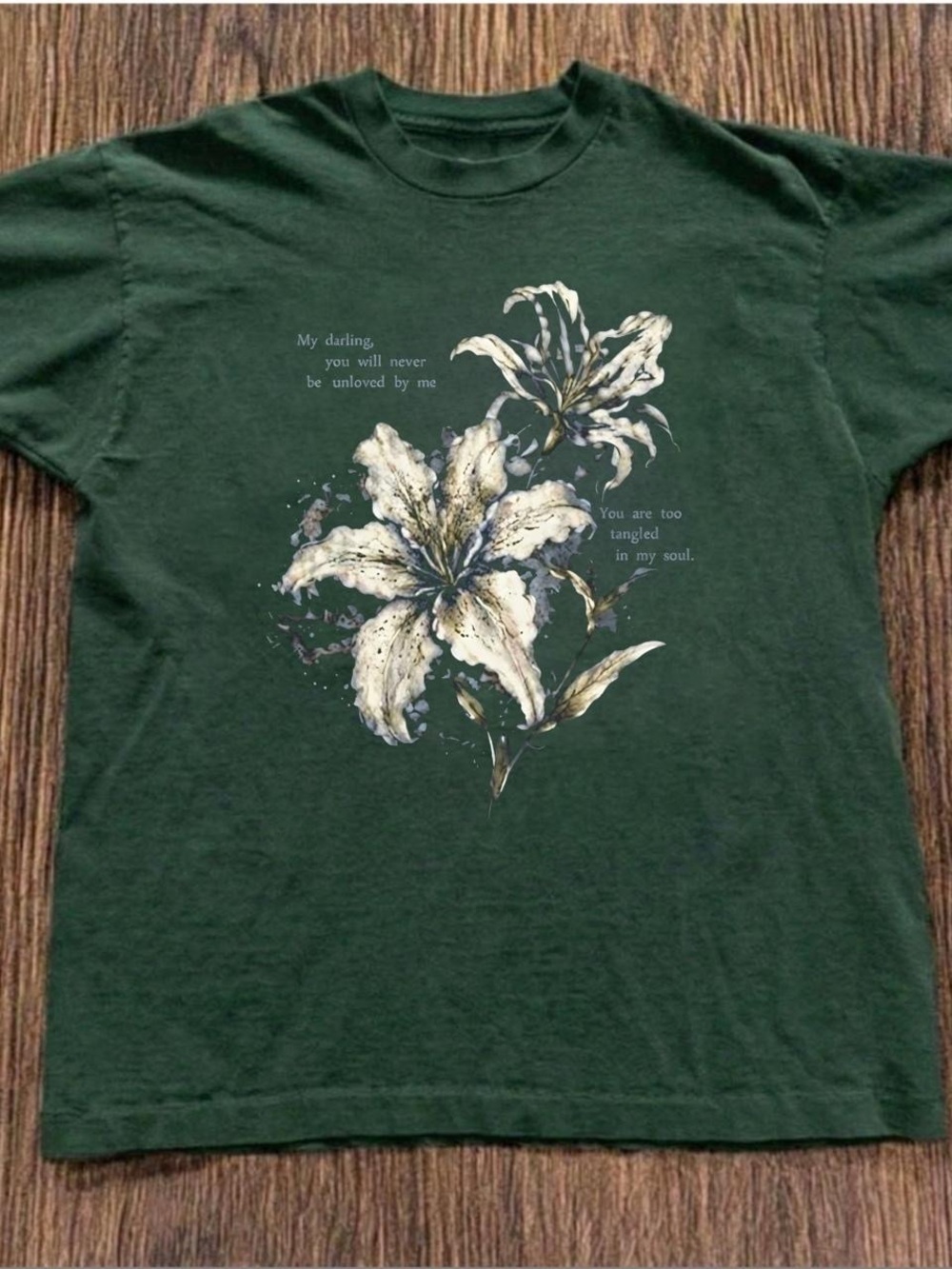 Gildan Dark Green Tee with Cream Floral Graphic